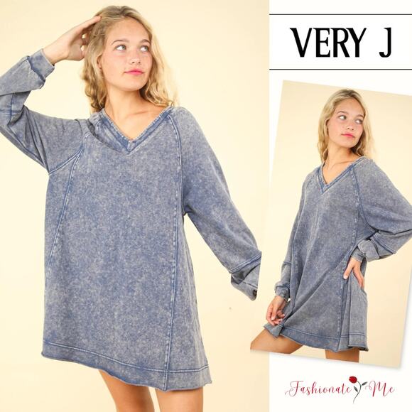 VERY J Mineral Wash Raglan Sleeves V-Neck Oversized A-Line Mini Dress | Denim - Picture 1 of 6
